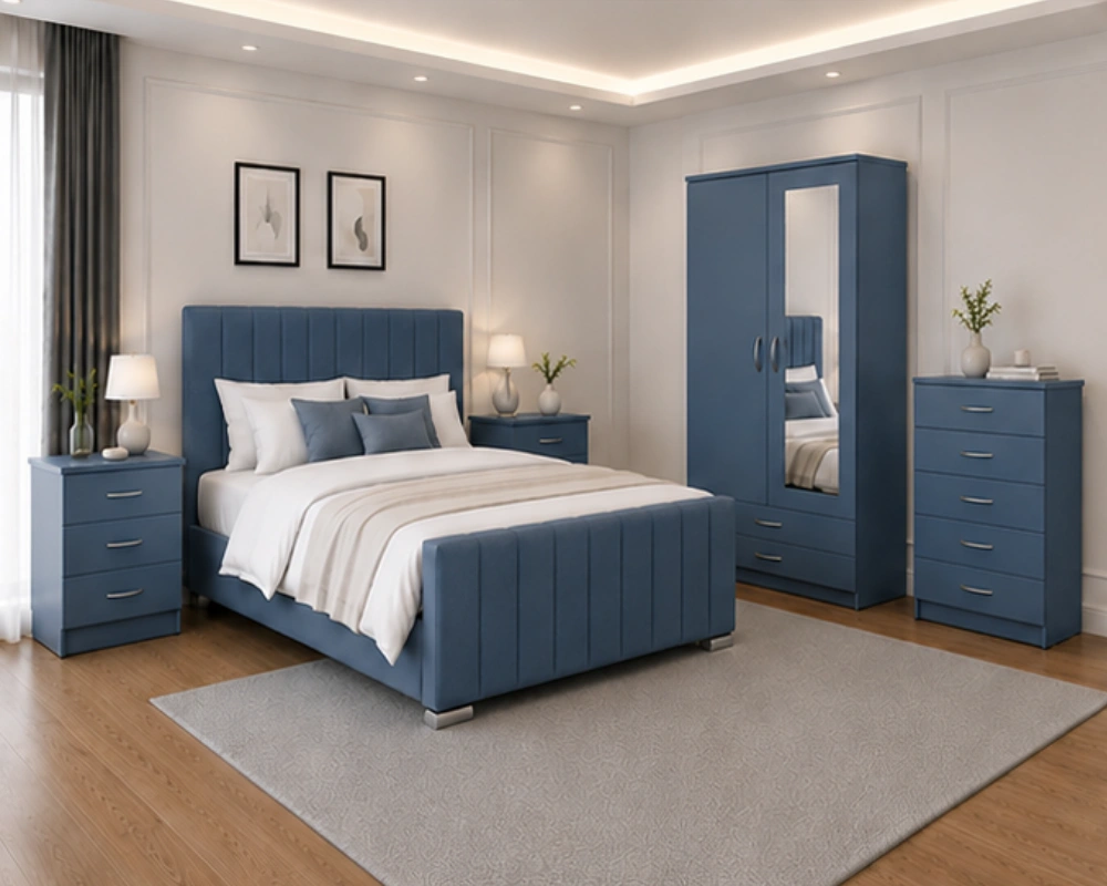 2 Contemporary Bedroom Suite – Complete Furniture Set with Storage Designer King Size Bedroom Furniture Set - Two Door Wardrobe With One Mirror - Chest of Five Drawers With Two Bed Side Table - Image 1