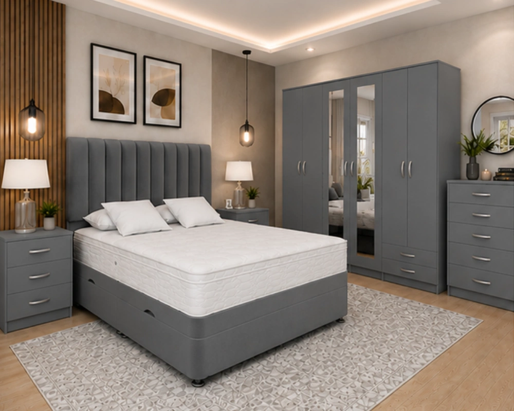 20 Modern Complete Bedroom Set for Contemporary Homes Luxury Bedroom Collection – Upholstered king Bed – Six Door Wardrobe – Tall Chest of Drawers – Two Nightstands - Image 1