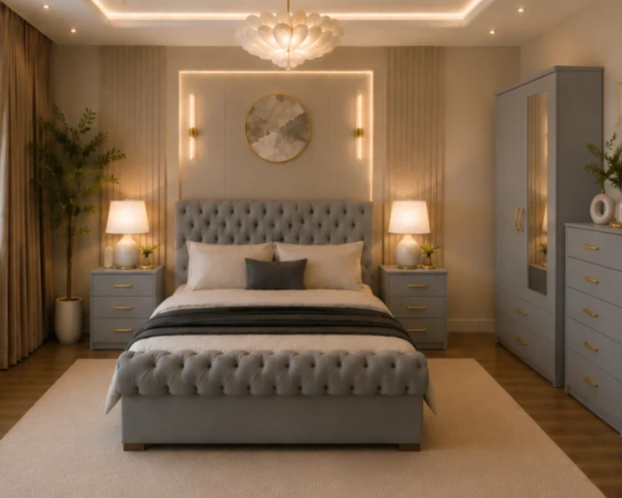 Modern Home Bedroom Furniture - king Bed - Two Door Mirror Wardrobe - Five Drawer Chest - Two Bedside Cabinets