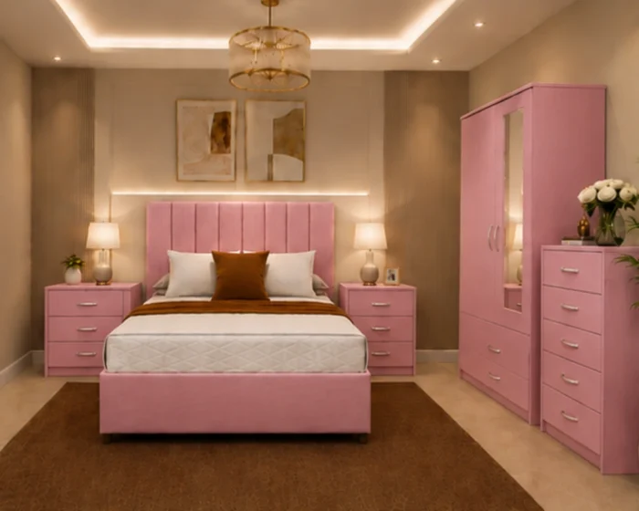 Complete king Bedroom Furniture Set - 2 Door Mirror Wardrobe - Five Drawer Chest - Two Bedside Tables