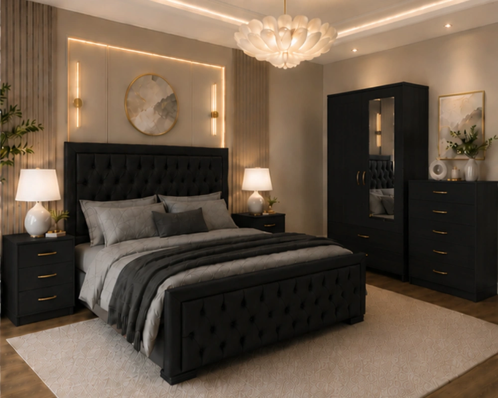 3 Stylish Bedroom Suite with Bed, Wardrobe and Chest of Drawers Black King Size Bedroom Furniture Set – Bed, Wardrobe, Bedside Tables & Chest of Drawers - Image 1