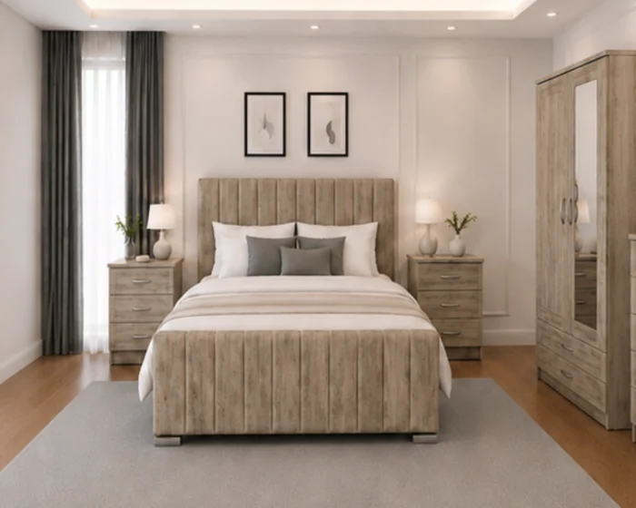 Premium Bedroom Furniture Suite - King Size Bed - 2 Door Mirror Wardrobe With Bottom Drawer - Five Drawer Chest - Two Bedside Tables