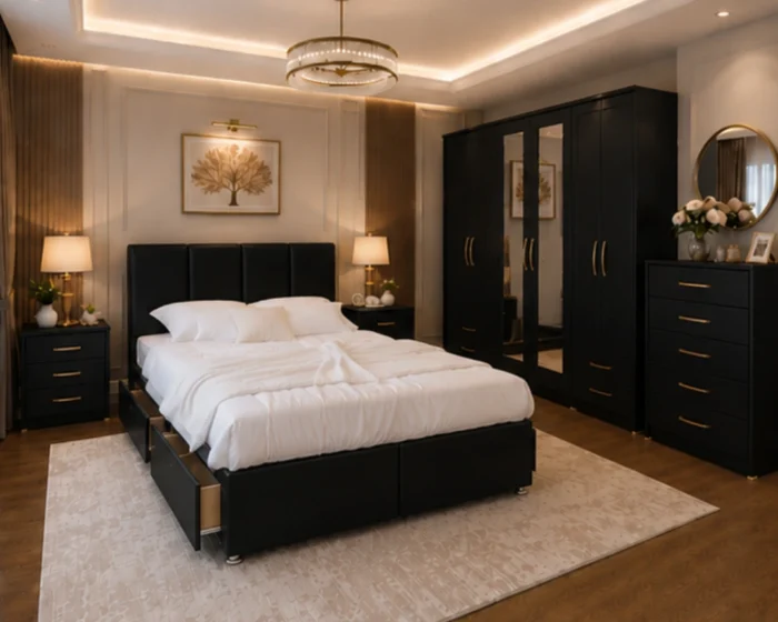 Modern king Bed Furniture Set – 6 Door Mirrored Wardrobe – 5 Drawer Chest – Pair of Bedside Cabinets
