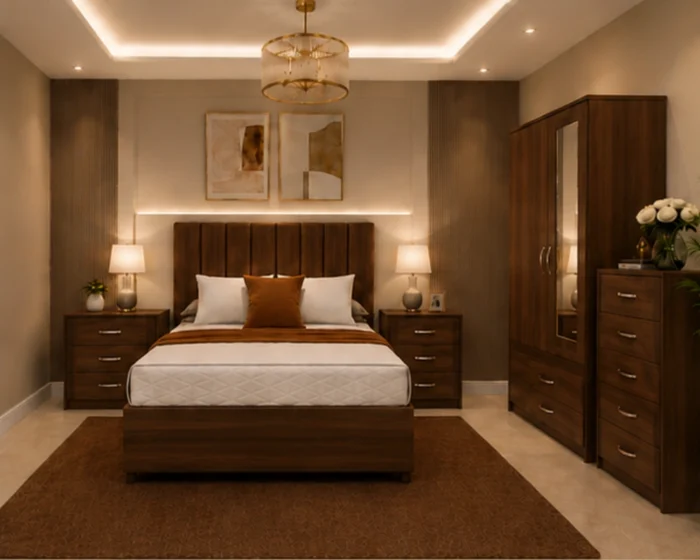 king Bed Storage Furniture Set - 2 Door Mirror Wardrobe - Five Drawer Chest - Matching Bedside Tables