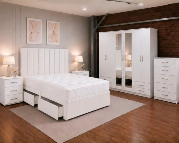 King Bed Furniture Set - Six Door Wardrobe With Four Drawer - Chest of Five Drawers With Two Bed Side Table