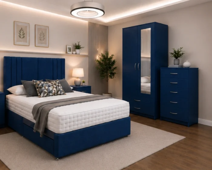 King Bed Room Set - 2 Door Mirror Wardrobe With Storage Drawer - Five Drawer Chest - Two Bedside Tables
