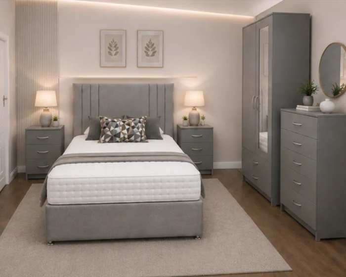 Stylish king Bed Furniture Set - 2 Door Wardrobe With Full Length Mirror - Five Drawer Chest - Two Bedside Tables