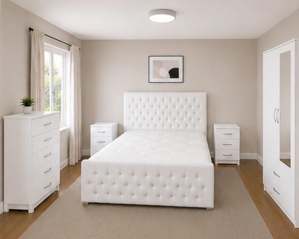 Stylish Bedroom Set with Timeless Design King Size Bed Room Set with Two Door Wardrobe With One Mirror , Chest of Five Drawers & With Two Bed Side Table - Image 1