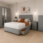 Modern King Grey Bedroom Set - Six Door Wardrobe With Full Length Mirrors - Five Drawer Chest - Two Bedside Tables