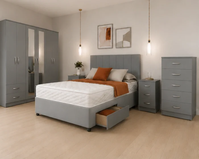 Modern King Grey Bedroom Set - Six Door Wardrobe With Full Length Mirrors - Five Drawer Chest - Two Bedside Tables