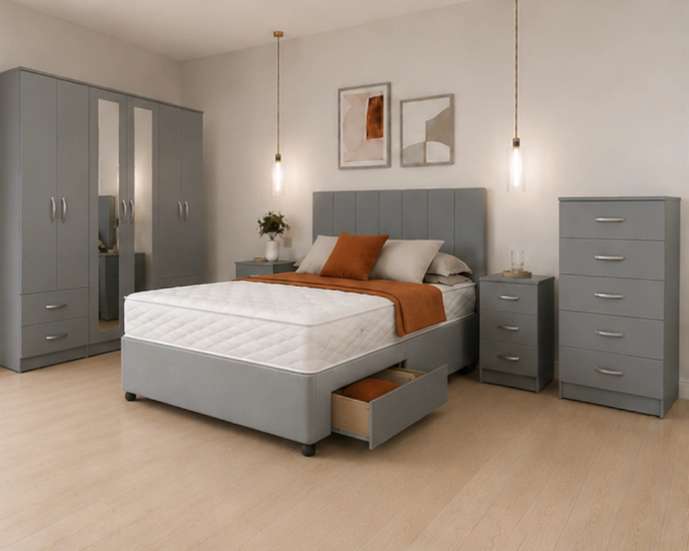 9 Stylish Bedroom Suite with Complete Storage and Sleeping Furniture Modern King Grey Bedroom Set - Six Door Wardrobe With Full Length Mirrors - Five Drawer Chest - Two Bedside Tables - Image 1