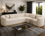 Executive White Velvet L-Shaped Chesterfield Corner Sofa with Gold Trim - Image 2