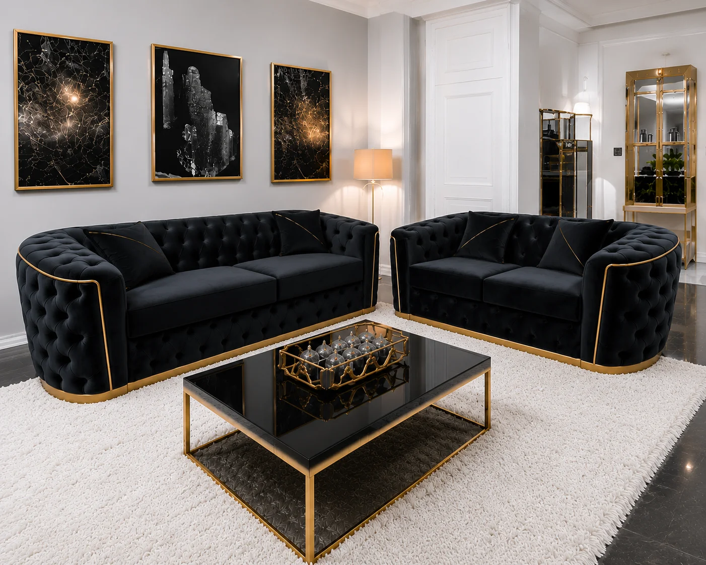 ChatGPT Image Jul 17, 2026, 01_34_06 PM Luxury Black Velvet 3+2 Seater Chesterfield Sofa Set with Gold Trim - Image 1