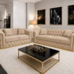 Luxury Cream 3+2 Seater Chesterfield Sofa Set with Gold Trim