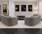 Luxury Grey 3+2 Seater Chesterfield Sofa Set with Gold Trim - Image 6