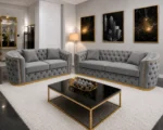 Luxury Grey 3+2 Seater Chesterfield Sofa Set with Gold Trim
