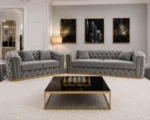 Luxury Grey 3+2 Seater Chesterfield Sofa Set with Gold Trim - Image 5