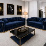 Luxury Blue 3+2 Seater Chesterfield Sofa Set with Gold Trim
