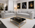 Madrid 5 Seater Chesterfield Sofa Set – Luxury Grey Velvet 3+2 Seater Sofa with Gold Trim