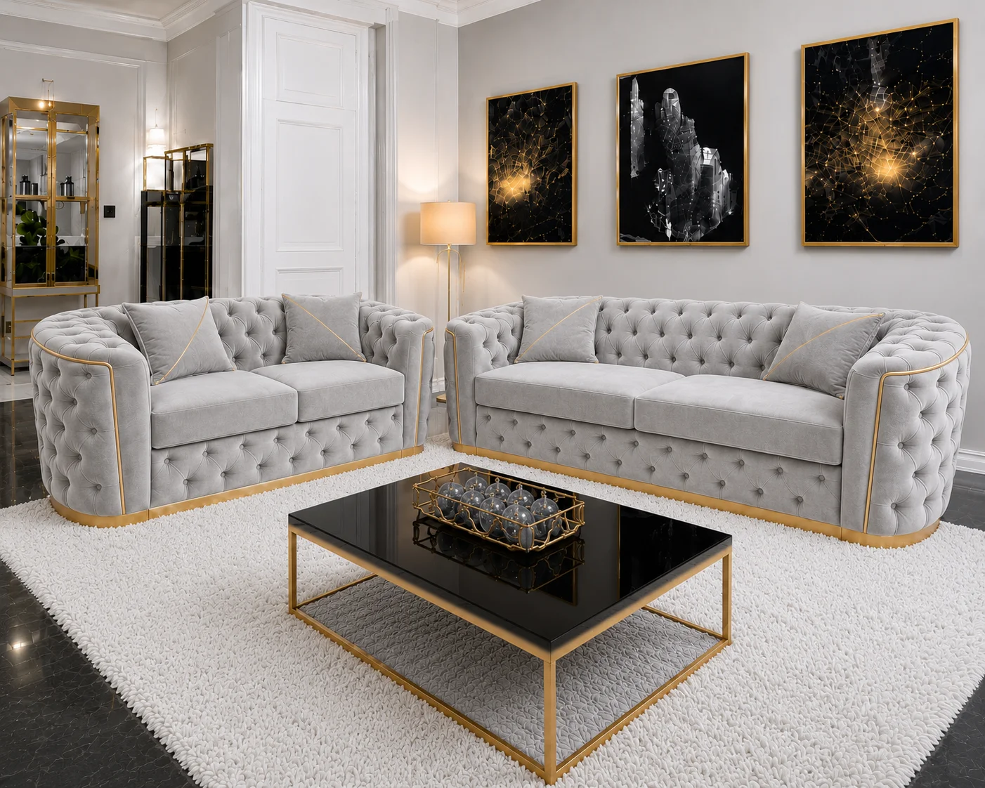 ChatGPT Image Jul 17, 2026, 02_11_46 PM Madrid 5 Seater Chesterfield Sofa Set – Luxury Grey Velvet 3+2 Seater Sofa with Gold Trim - Image 1