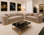 Madrid 5 Seater Chesterfield Sofa Set – Luxury Taupe Velvet 3+2 Seater Sofa with Gold Trim