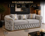 Luxury Light Grey Chesterfield 3 Seater Sofa with Gold Trim | Velvet Sofa UK - Image 6