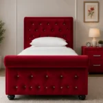 Elegant Red Upholstered Sleigh Single Bed with mattress – 90 × 190 cm