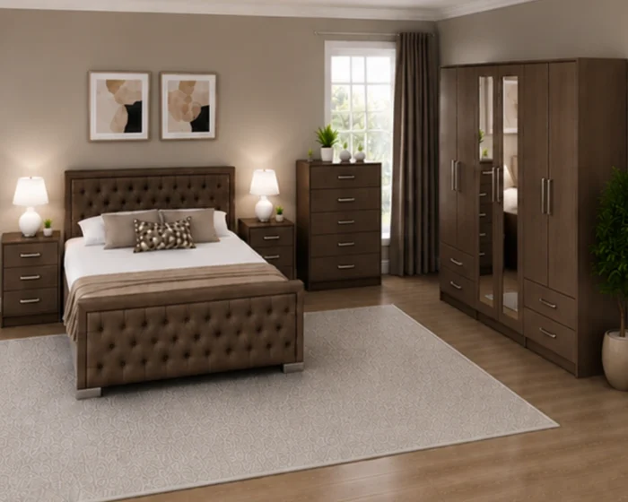 Elegant King Bed Furniture Set - Six Door Wardrobe With Four Drawers - Chest of Five Drawers With Two Bedside Tables