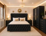 Designer Wooden King Bedroom Furniture With Five Door Wardrobe With One Long Mirror - Chest of Five Drawers With Two Bed Side Table