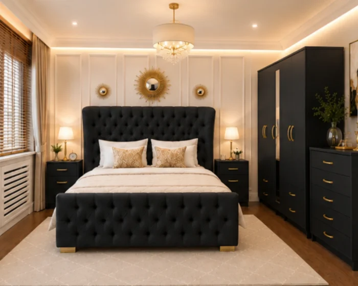 Designer Wooden King Bedroom Furniture With Five Door Wardrobe With One Long Mirror - Chest of Five Drawers With Two Bed Side Table