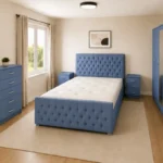 Premium King Size Bed Bedroom Set - Five Door Wardrobe With One Mirror And Four Bottom Drawers - Chest of Five Drawers With Two Bed Side Tables