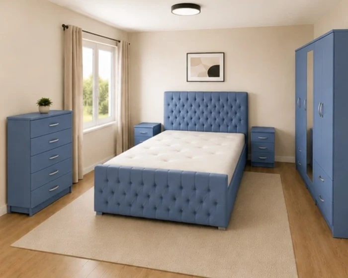 Premium King Size Bed Bedroom Set - Five Door Wardrobe With One Mirror And Four Bottom Drawers - Chest of Five Drawers With Two Bed Side Tables