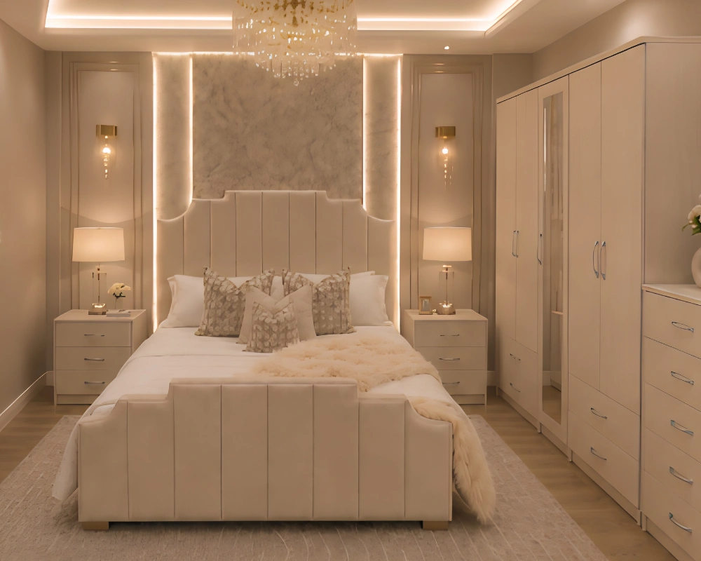 Complete Luxury Bedroom Furniture Set – King Size Bed, Wardrobe & Bedside Tables Elegant King Size Bed Furniture Set - Six Door Wardrobe With Four Drawer - Chest of Five Drawers With Two Bed Side Table - Image 1