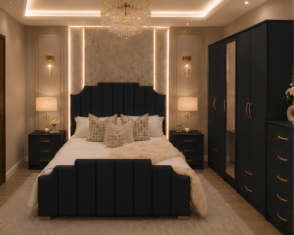Complete Modern Bedroom Furniture Set – King Size Bed & Wardrobe King Size Bed Furniture Set - five Door Wardrobe With Four Drawer - Chest of Five Drawers With Two Bed Side Table - Image 1
