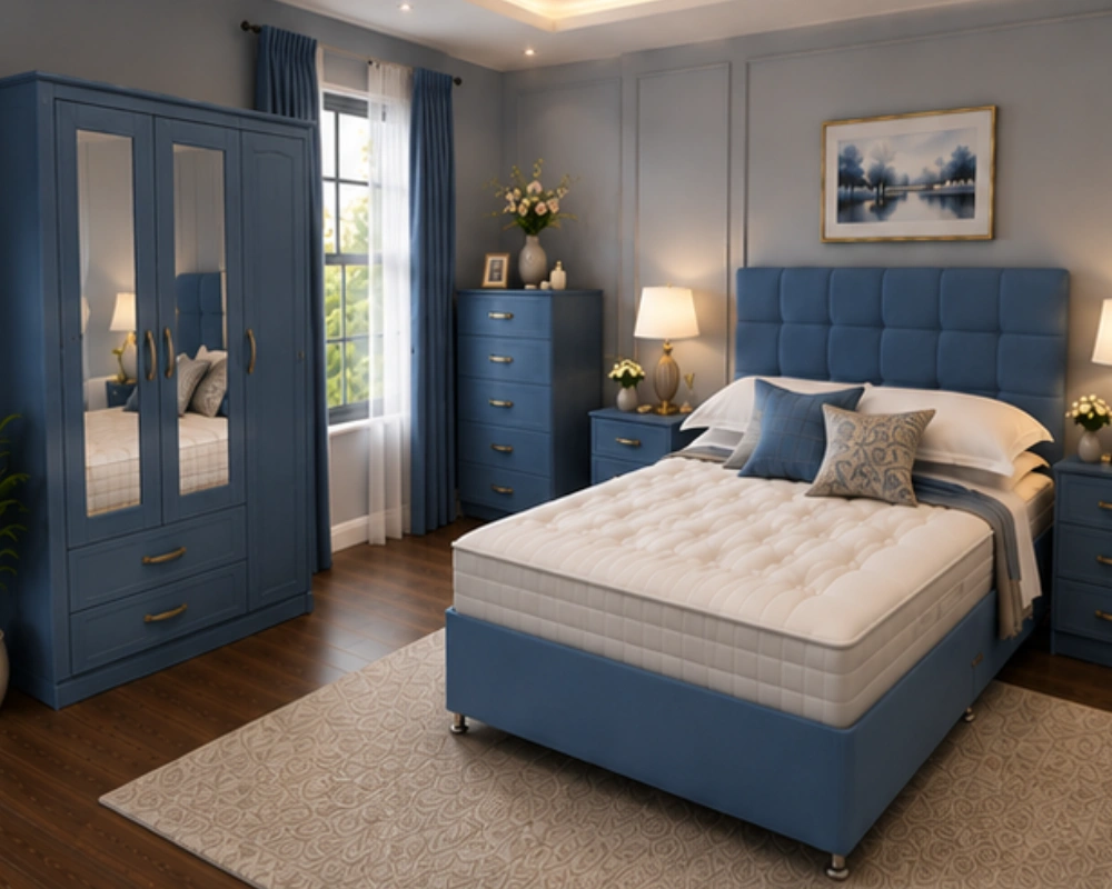 Complete Premium Bedroom Furniture Suite with Wardrobe & 5 Drawer Chest Spacious Luxury King Bed Set with Three Door Wardrobe With Four Drawer - Chest of Five Drawers With Two Bed Side Table - Image 1