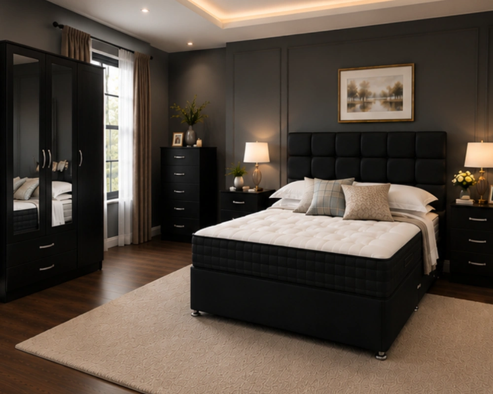 Complete Premium Bedroom Suite with King Size Bed, Wardrobe & Bedside Tables Premium king Bed Bedroom Set with Three Door Wardrobe With Four Drawer - Chest of Five Drawers With Two Bed Side Table - Image 1