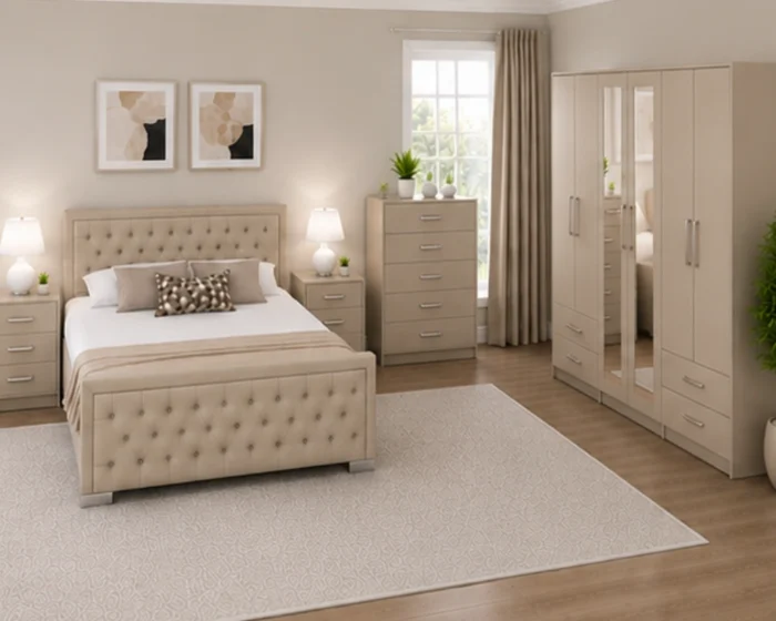 Premium King Bed Furniture Set - 6 Door Wardrobe with 4 Drawers, Chest of 5 Drawers & 2 Bedside Tables
