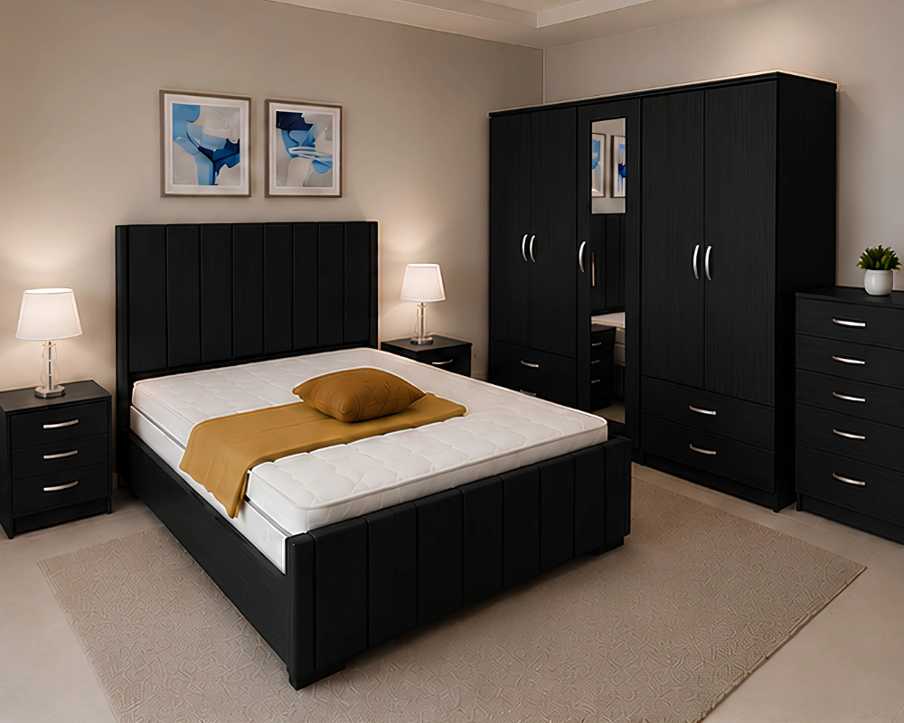 Contemporary Double Bed Frame Stylish Bedroom Furniture Collection - King Size Bed With Four Door Wardrobe With Four Drawer - Chest of Five Drawers With Two Bed Side Table - Image 1