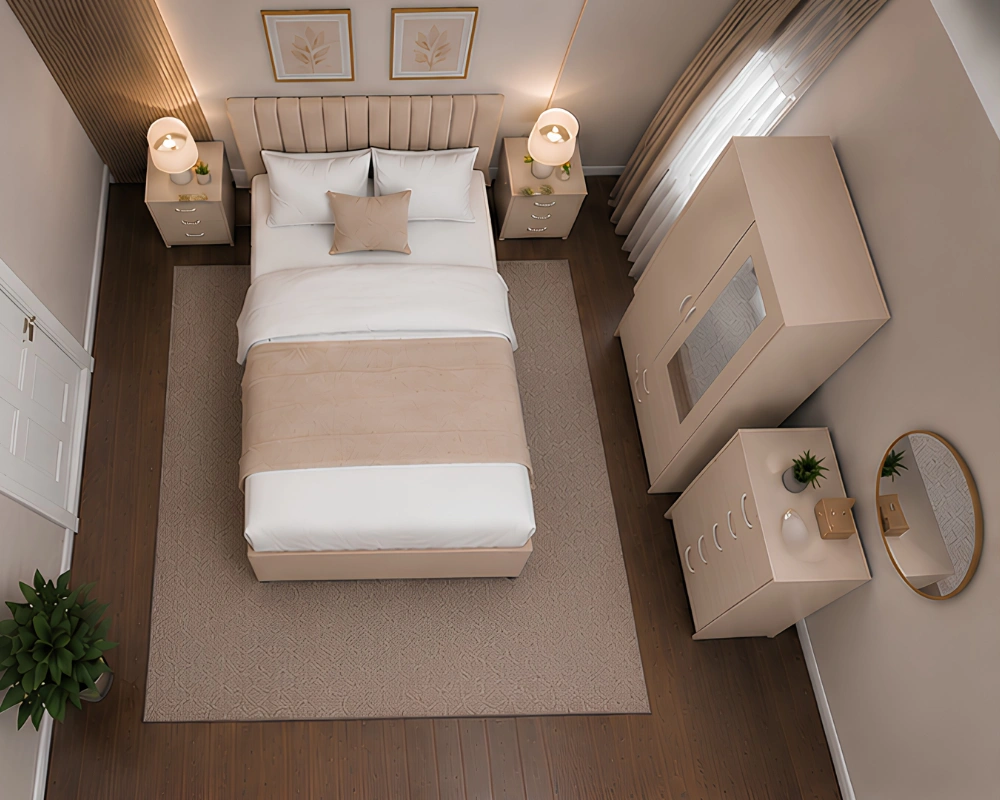 Contemporary Double Bed with Soft Headboard Complete Beige King Bedroom Furniture Collection - Bed, Wardrobe, Chest of Drawers & Side Tables - Image 1