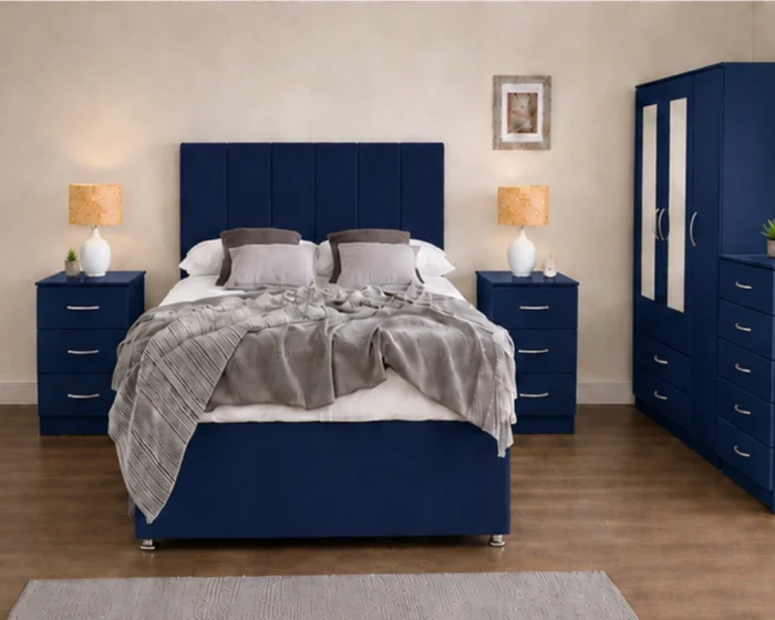 Unique Blue Color Bedroom King Set_ 3 Door Wardrobe With Four Drawer - Chest of Five Drawers With Two Bed Side Table