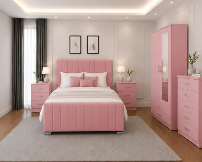 King Size Bed Home Furniture Package - 2 Door Mirror Wardrobe With Bottom Drawer - Chest of Five Drawers - Two Bedside Tables