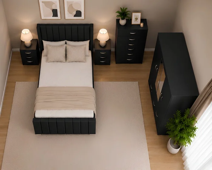 Premium King Size Wooden Bedroom With Four Door Wardrobe With Four Drawer - Chest of Five Drawers With Two Bed Side Table