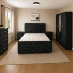 Complete King Size Bed Furniture Package - Five Door Wardrobe With One Mirror And Four Bottom Drawers - Chest of Five Drawers With Two Bed Side Table
