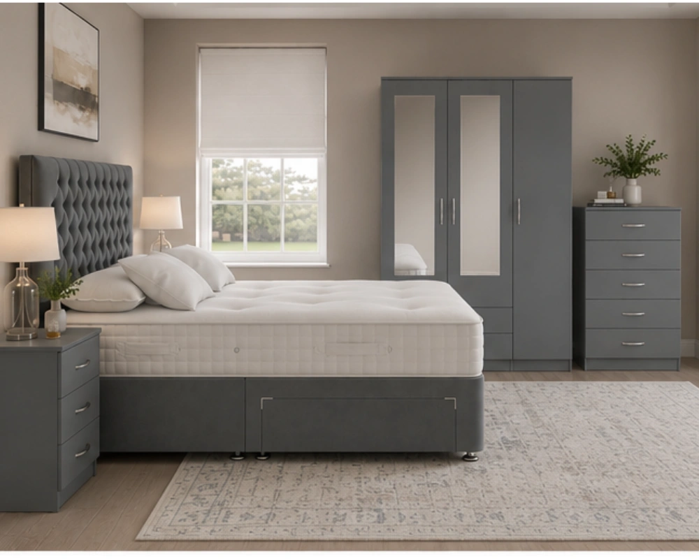Designer Complete Bedroom Furniture Complete Bedroom Furniture Package - King Size Bed - 3 Door Mirror Wardrobe With Two Bottom Drawers - Five Drawer Chest - Two Bedside Tables - Image 1