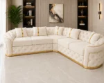 Luxury Off White L-Shaped Chesterfield Corner Sofa with Gold Accents