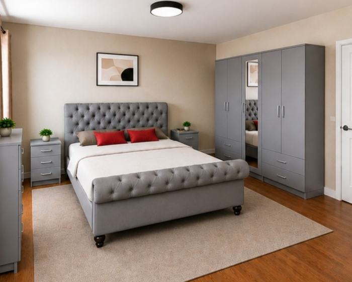 Premium King Size Bed Bedroom Set - five Door Wardrobe With Four Drawer - Chest of Five Drawers With Two Bed Side Table