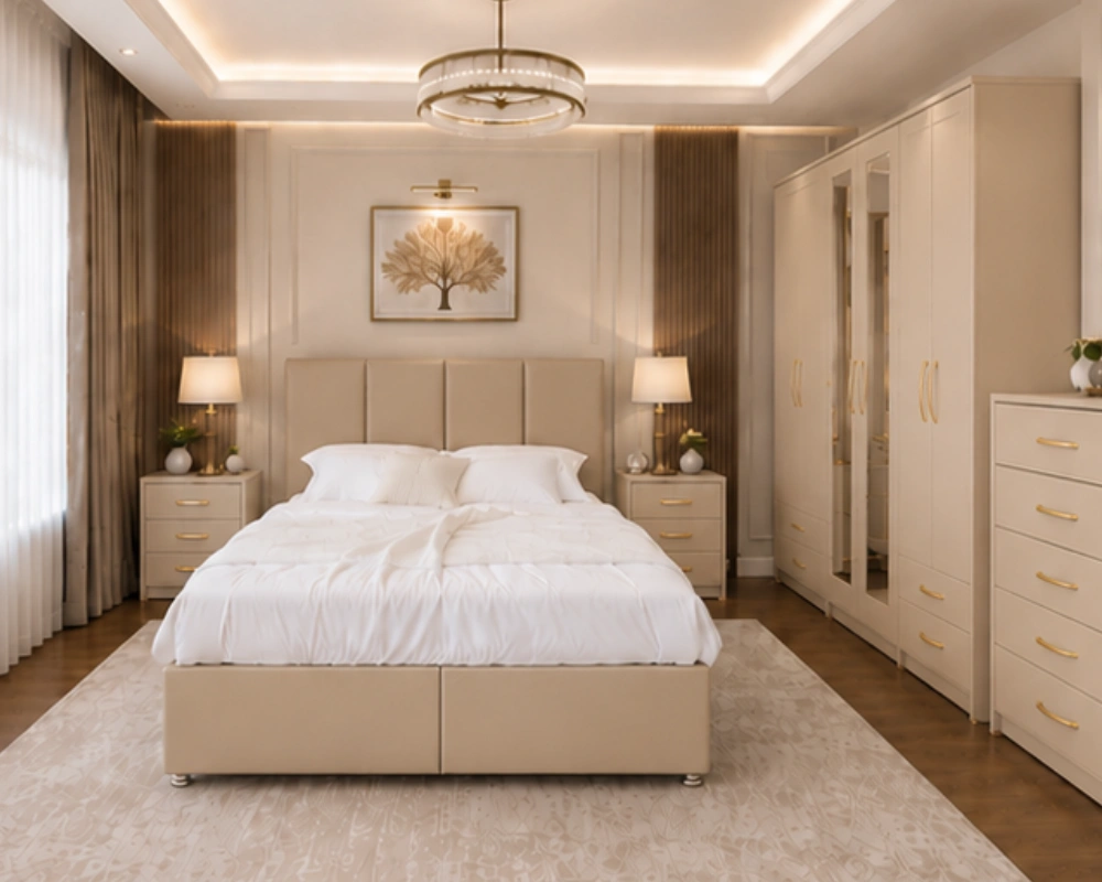 Designer Modern Bedroom Collection Luxury King Size Bed Set – Six Door Wardrobe with Mirror and Drawers – Five Drawer Chest – Two Bedside Tables - Image 1