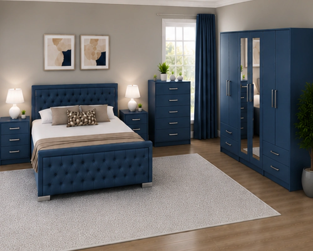 Elegant Bedroom Set with King Size Bed, Wardrobe & Matching Bedside Tables Wooden King Bed Furniture Set - Six Door Wardrobe With Four Drawer - Chest of Five Drawers With Two Bed Side Table - Image 1