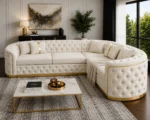 Executive White Velvet L-Shaped Chesterfield Corner Sofa with Gold Trim
