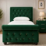 Green Velvet Single Bed with Chesterfield Style Sleigh Headboard-Single Bed with mattress